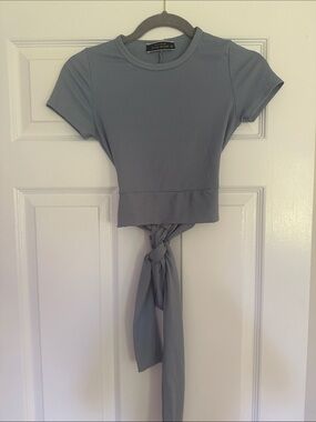 Blue Blush Dusty Blue Ribbed Tie-Back Crop Top